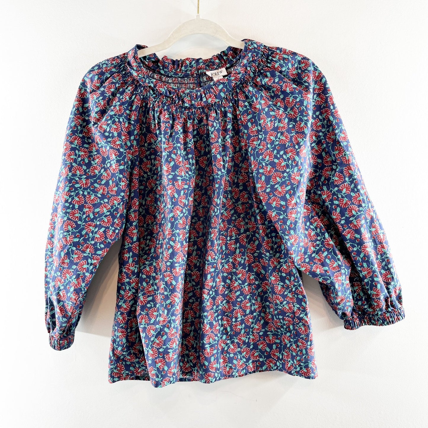 J. Crew Smocked Neck Long Sleeve Floral Blouse Top Blue Purple Small
