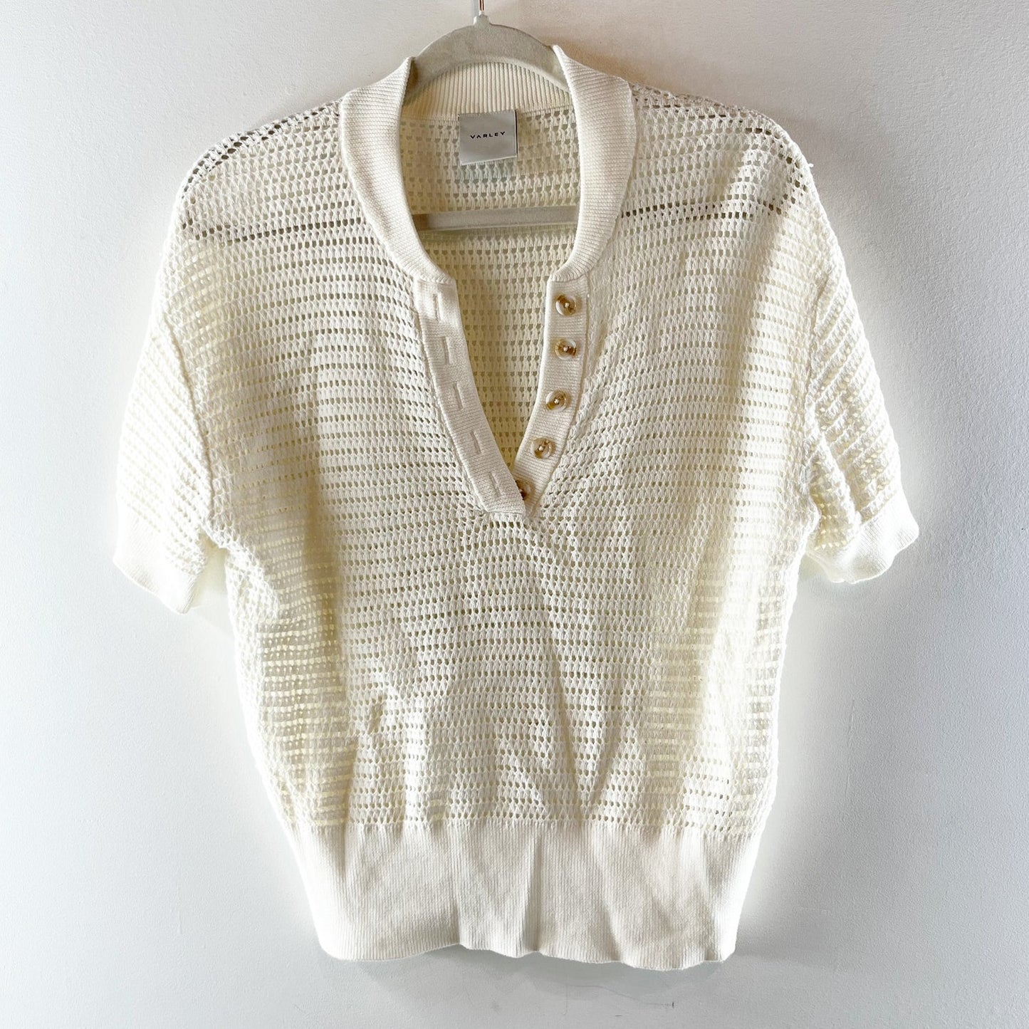 Varley Callie Knit Short Sleeve Sweater Top Cream Egret Small