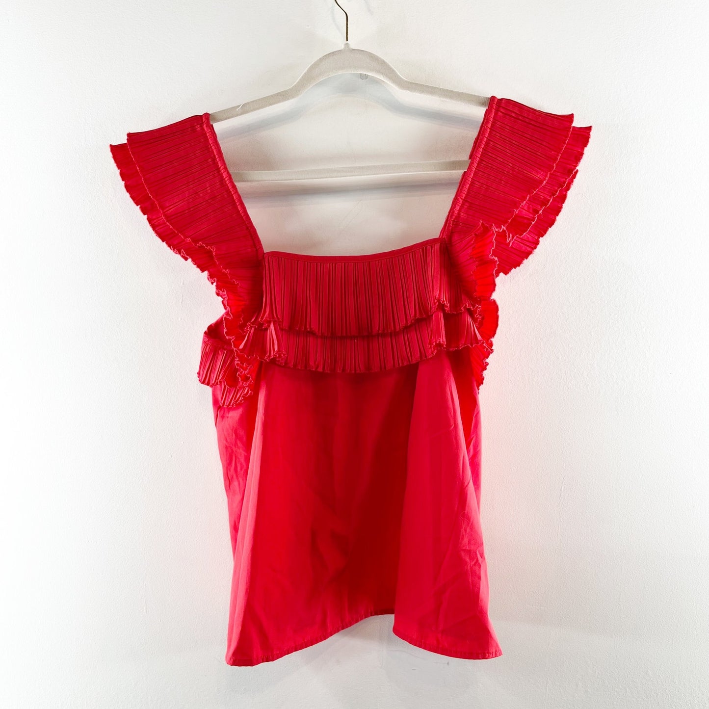 Entro Square Neck Pleated Ruffle Tiered Strap Tank Top Red Large