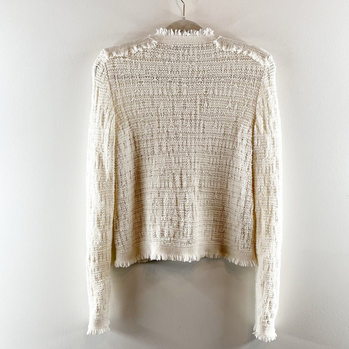 Intermix Lila Long Sleeve Raw Edges Gold Button Cropped Knit Jacket Ivory 4