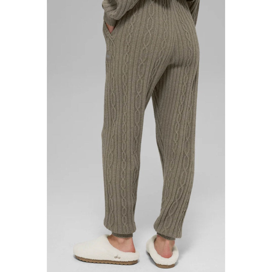 Alo Cable Knit Winter Bliss Jogger High Rise Lounge Pants Light Cocoa Tan Beige
