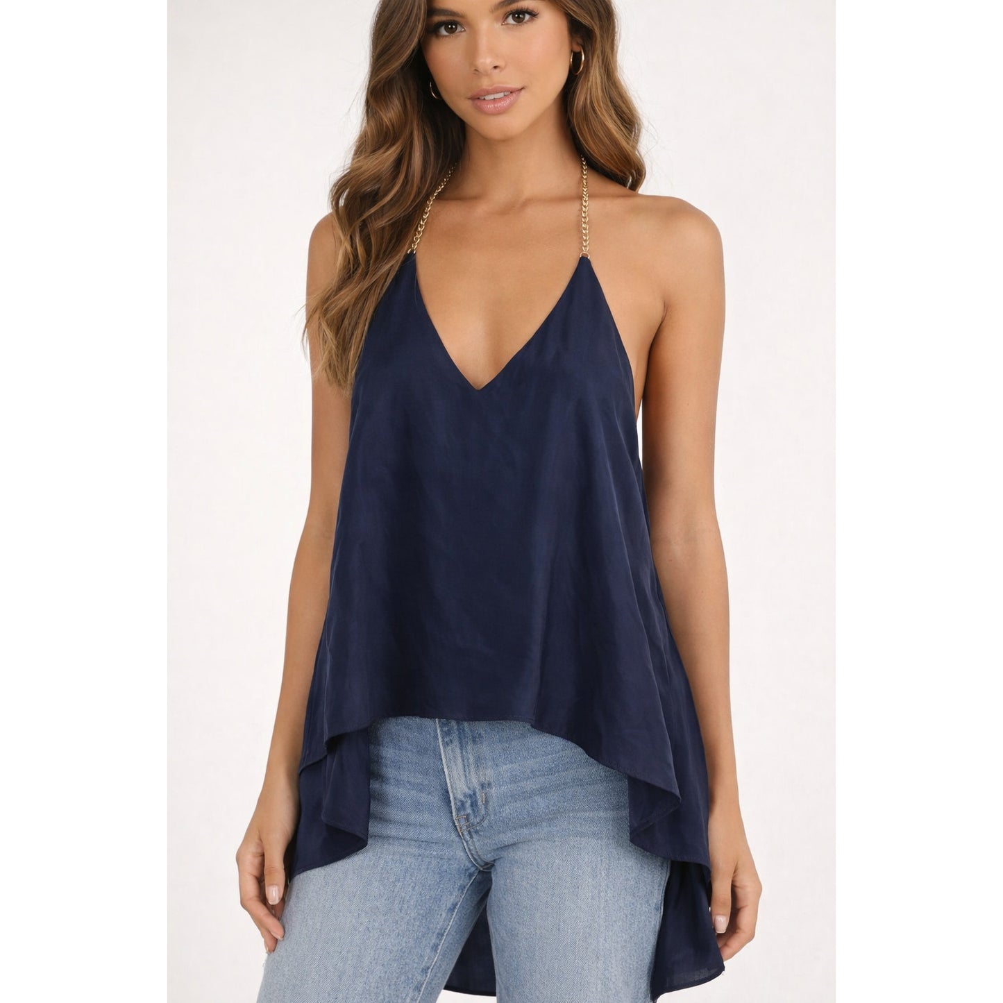 Amanda Uprichard Chain Silk Halter Tank Top Blue Small
