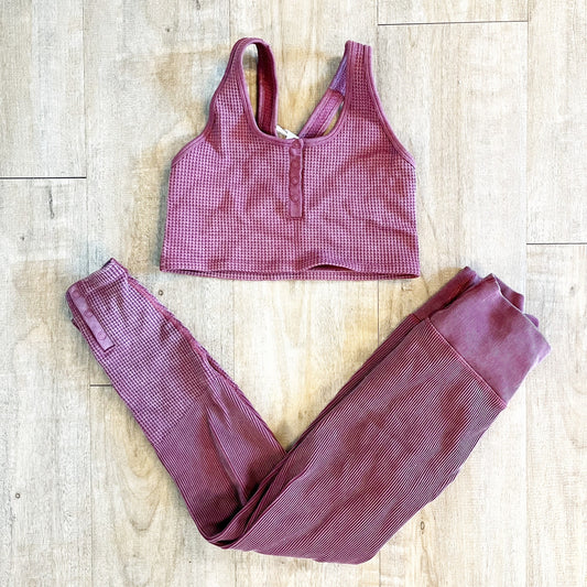 Aerie Offline Recharge Waffle Henley Sports Bra Leggings Set Maroon Small