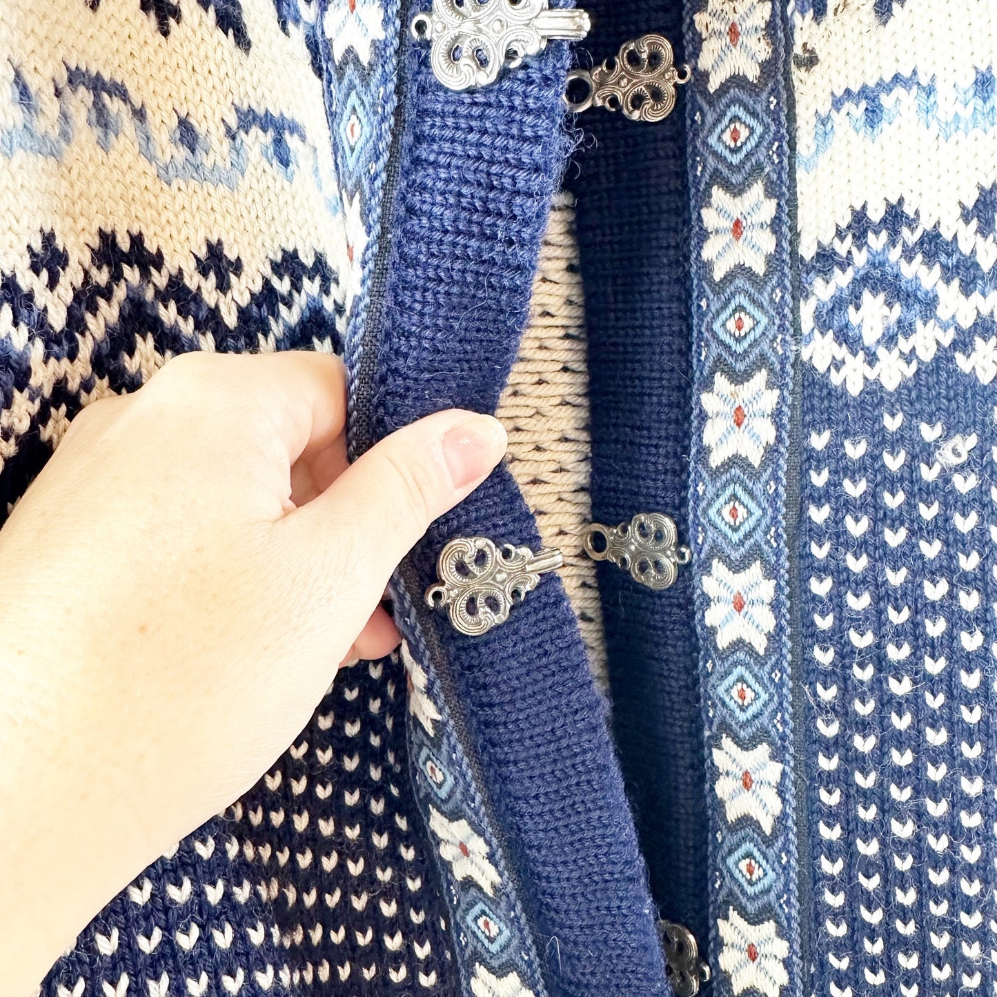 Dale of Norway Wool Fair Isle Long Cardigan Sweater Blue White Large