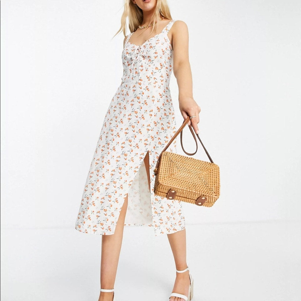 Abercrombie & Fitch Floral V-Neck Slit Cinch-Front Midi Dress White Orange L