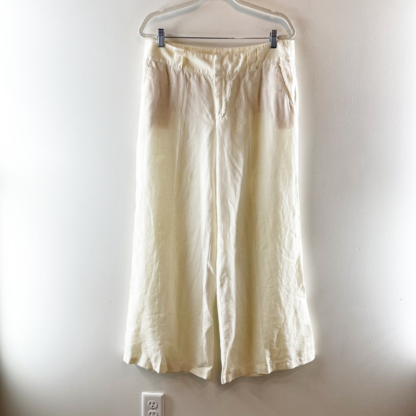London Jean The Marisa 100% Linen Mid Rise Wide Leg Trouser Pants Cream Ivory 12