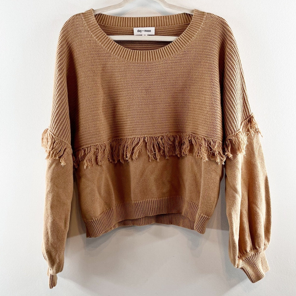 Day + Moon Olivia Crewneck Pullover Cotton Fringe Sweater Brown Medium