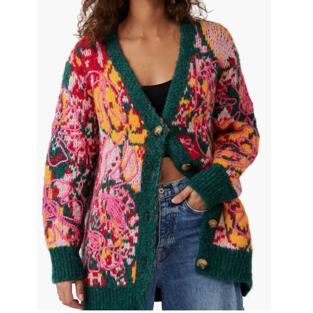 Free People Alexis Floral Long Sleeve V-Neck Cardigan Sweater Yellow Green Large