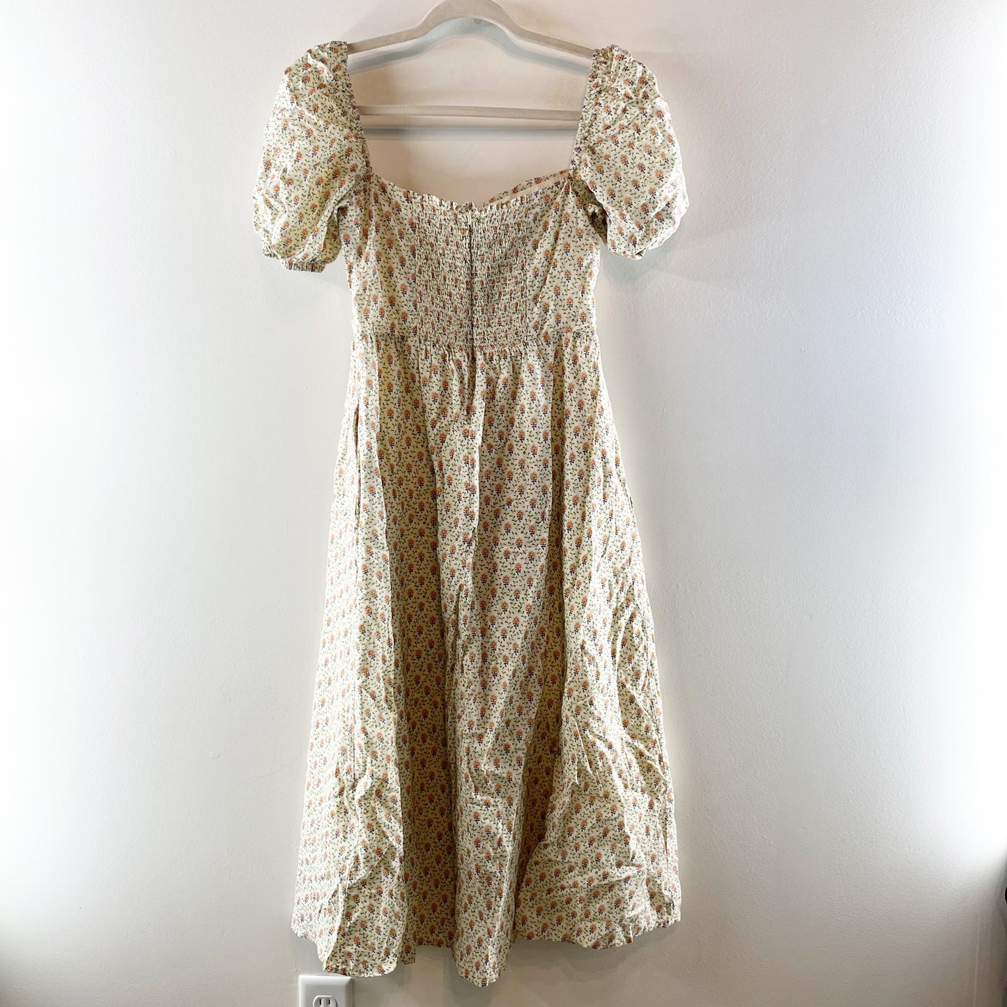 O.P.T Square Neck Short Puff Sleeve Floral Cotton Lined Midi Dress Cream Large