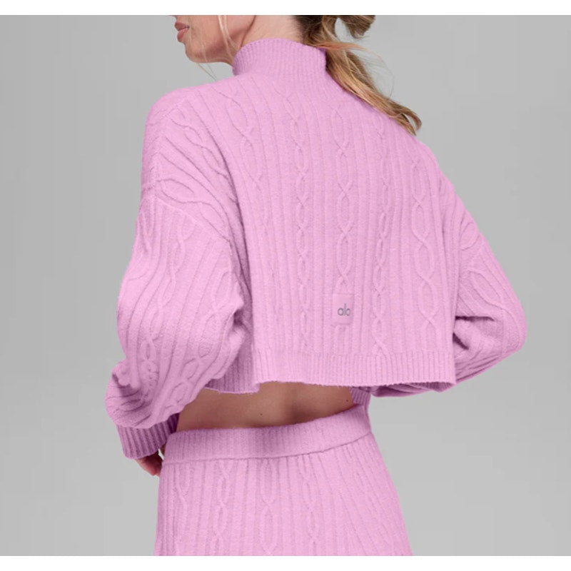 Alo Cable Knit Cropped Winter Bliss Turtleneck Long Sleeve Candy Heart Pink XS