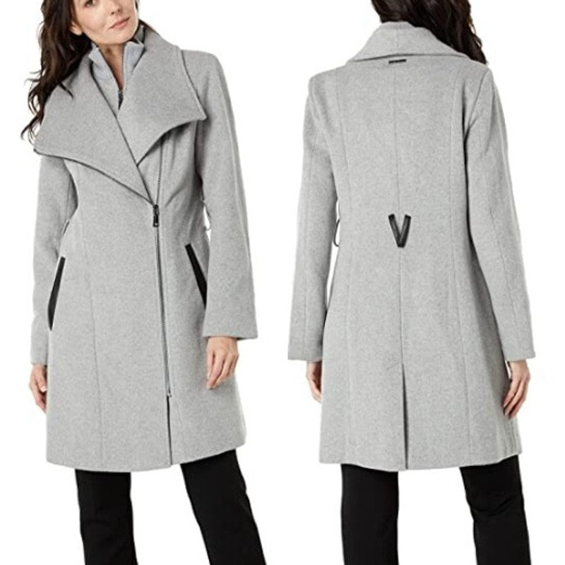 Vince Camuto Belted Asymmetrical Zip Wool Hybrid Coat with PU Trim Gray XXS