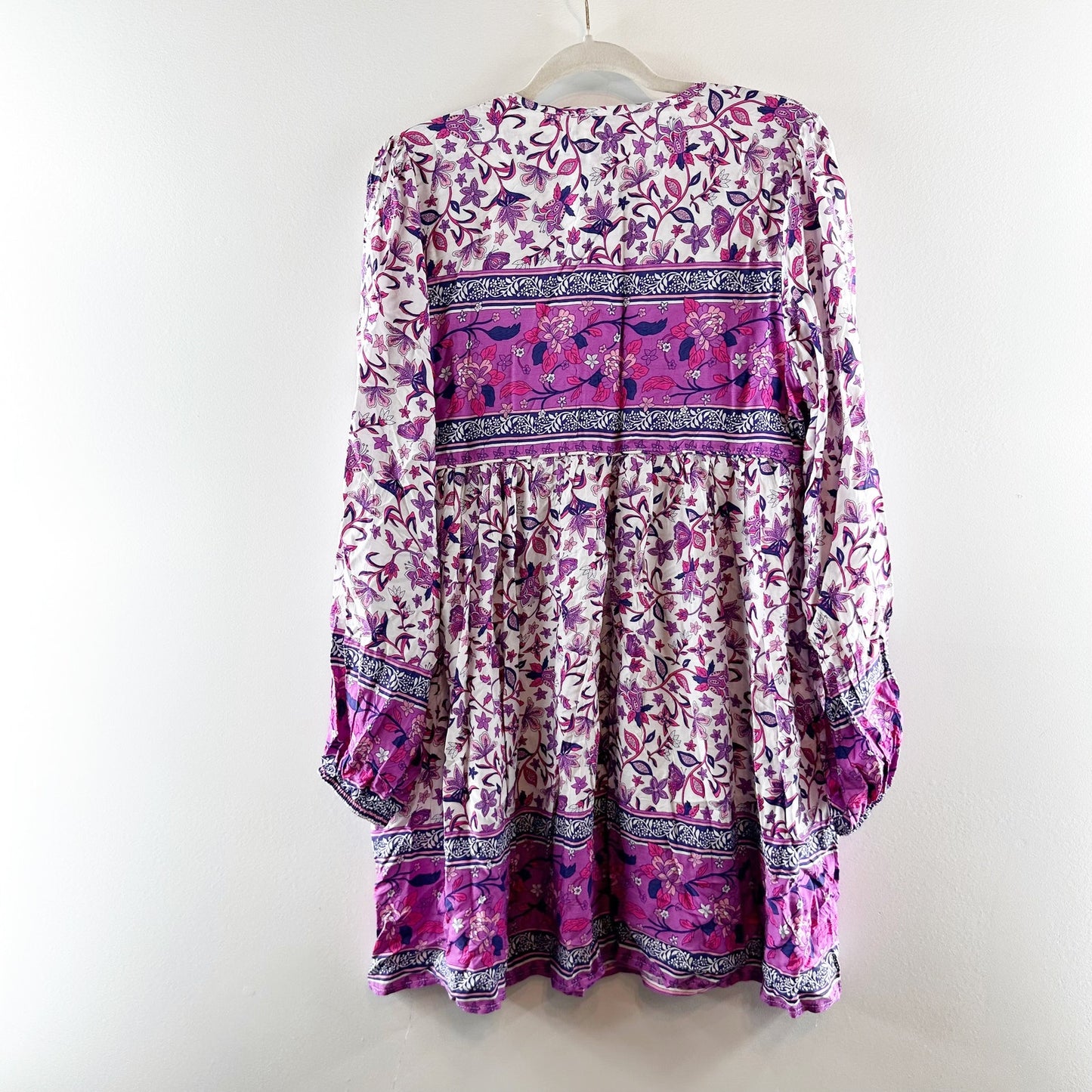 R. Vivimos Cotton Floral Print Long Sleeve Tassel Tie Mini Dress Purple Large