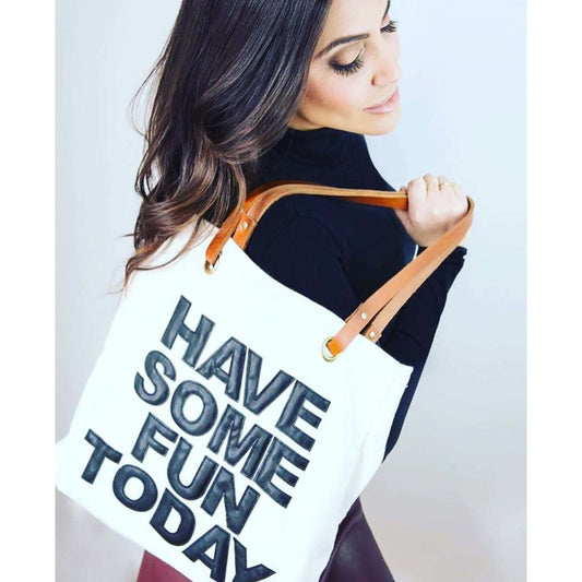 HSFT Have Some Fun Today Luxe Canvas Tote Bag Cream Black Brown
