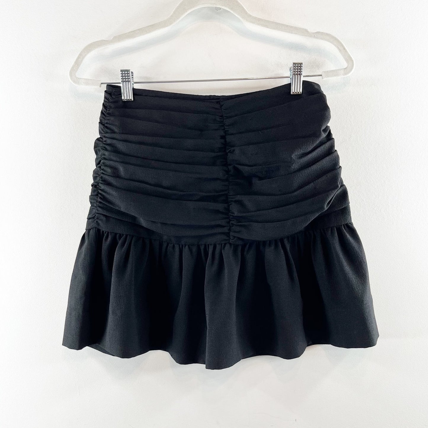 Ganni Heavy Crepe High Waisted Ruched Ruffle Hem A-Line Mini Skirt Black 34