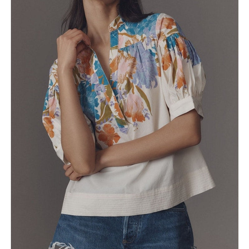 Anthropologie The Darcey Popover Floral Swing Top by Yukiko Noritake Cream XS