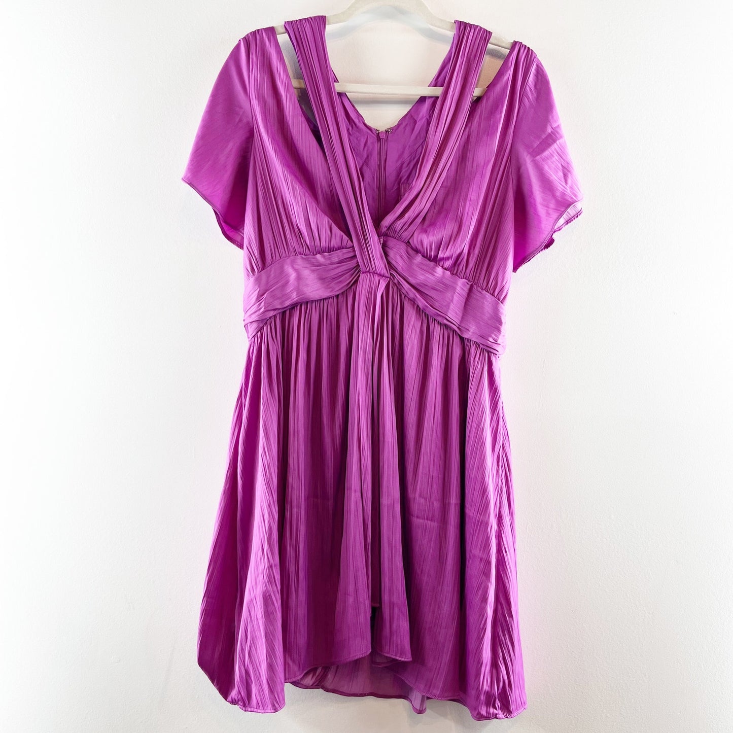 Anthropologie Short Sleeve Pleated Deep V-Neck Vibrant Mini Dress Purple 12