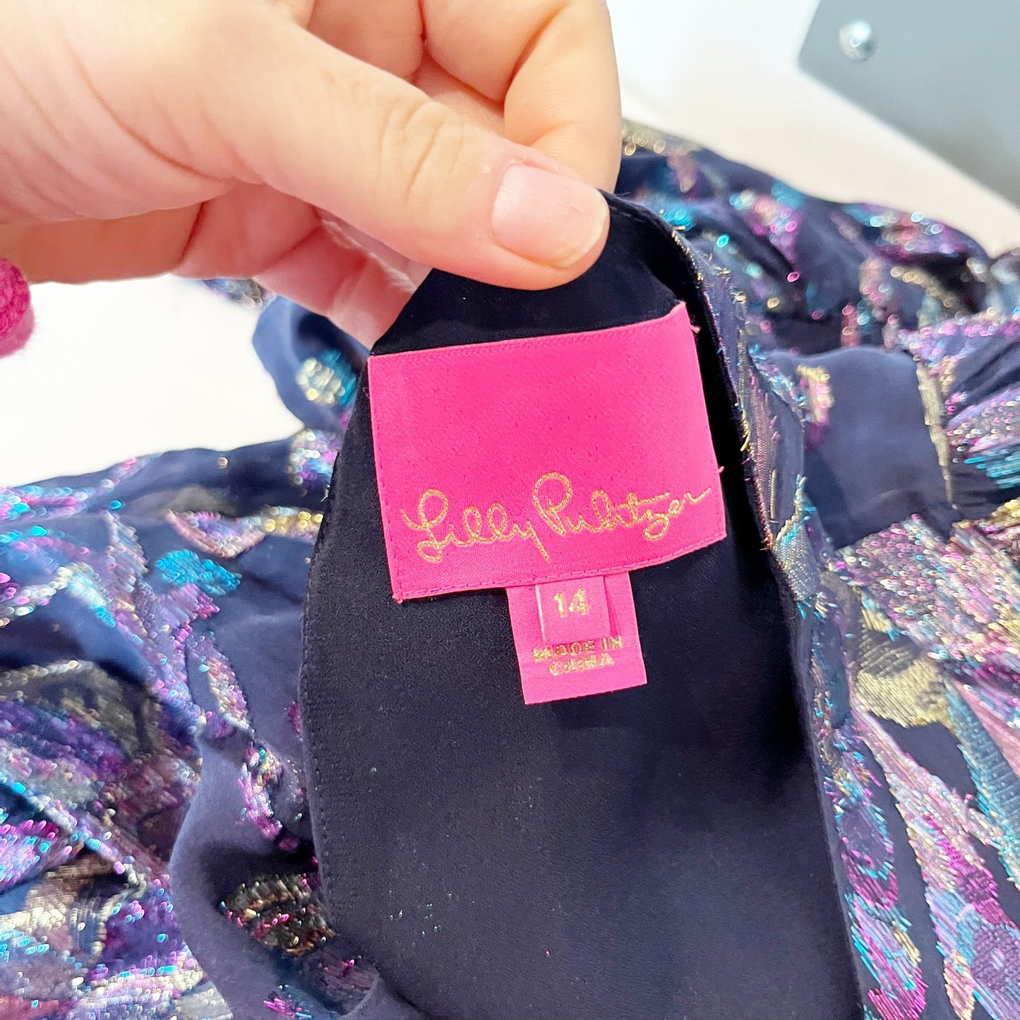 Lilly Pulitzer Dotti Long Sleeve Floral Ruffle Hem Metallic Mini Dress Blue 14