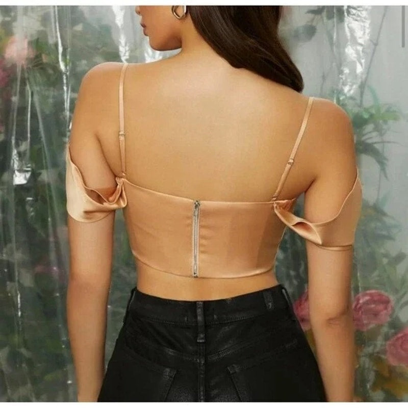 Oh Polly Corset Off The Shoulder Cropped Tank Top Gold 0