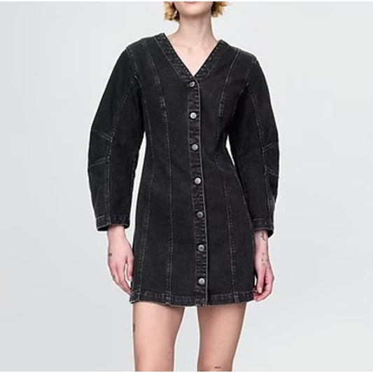 GAP Long Barrel Sleeve Denim Button Up Cotton Mini Dress Black Medium
