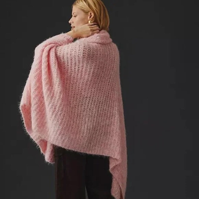 Anthropologie Funnel Neck Oversized Soft Knit Poncho Sweater Pink One Size