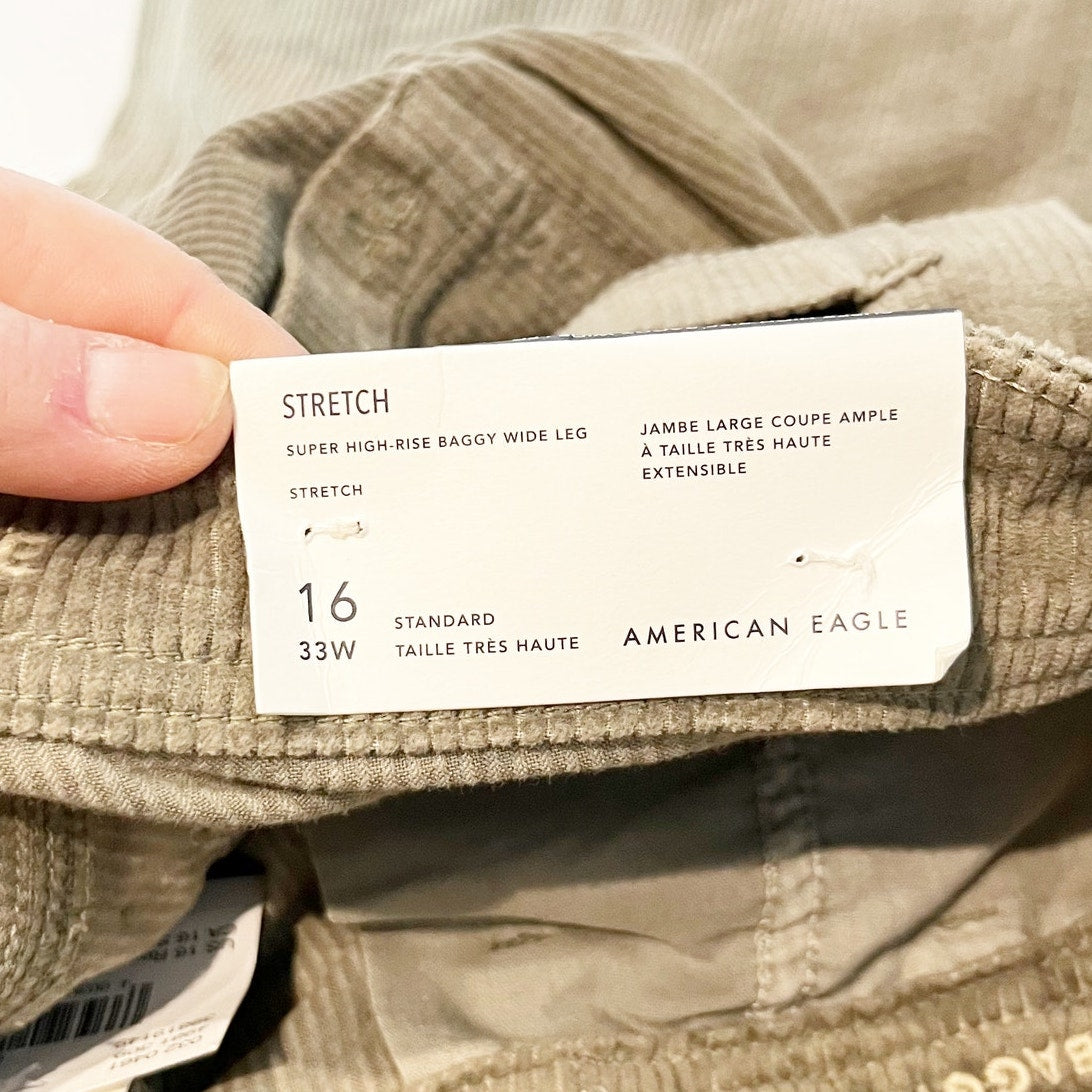 American Eagle Super High Rise Baggy Wide Leg Corduroy Cargo Pants Green 16