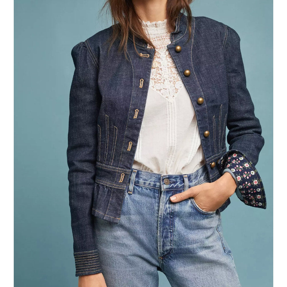 Pilcro and the Letterpress Anthropologie Peplum Military Jean Jacket Blue Small