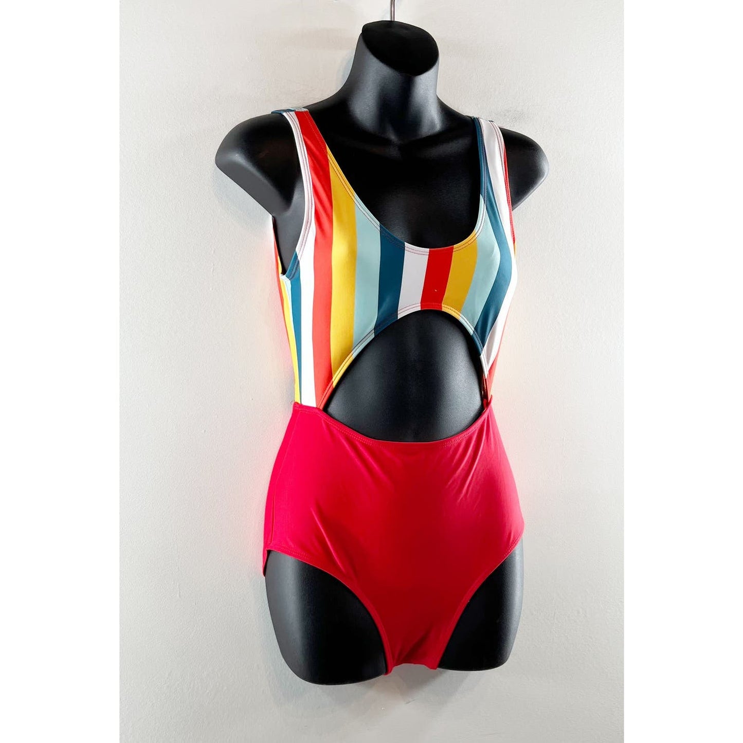 Striped Scoopneck Cutout Rainbow One Piece Bathing Suit Swimsuit Red Medium