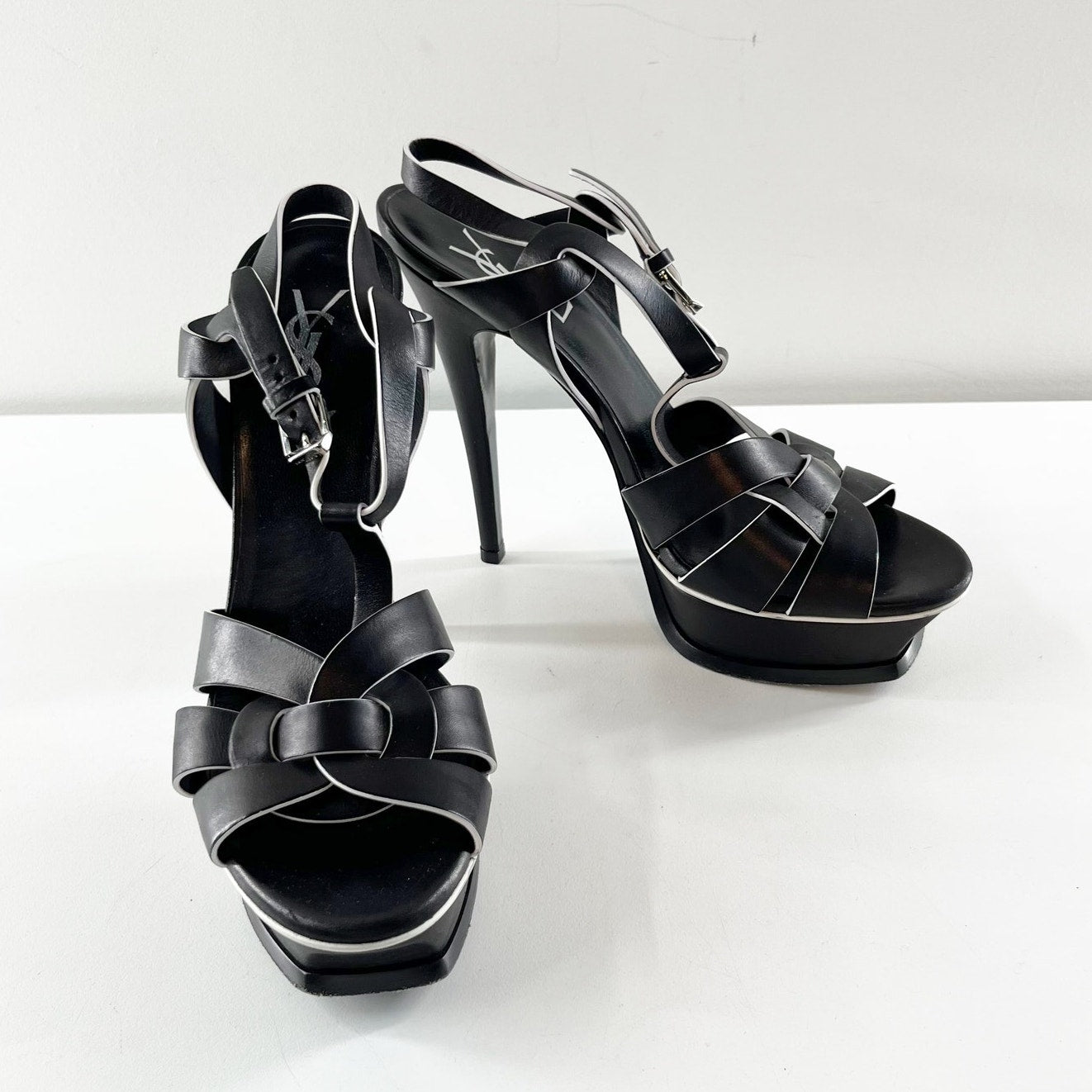 YSL Yves Saint Laurent Tribute Platform T Strap Leather Pumps Heels Black 38.5