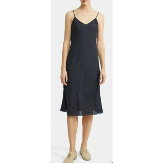 Theory Easy Sleeveless Spaghetti Strap V-Neck Midi Slip Dress Flower Silk Navy 4