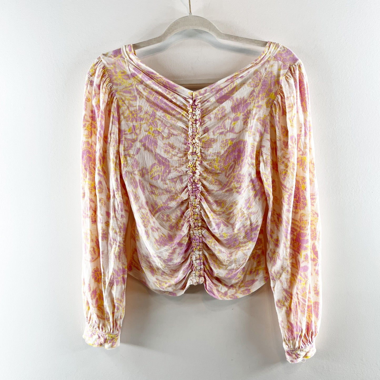 Free People Say The Word Ruched Floral Long Sleeve Top Pink Yellow Small