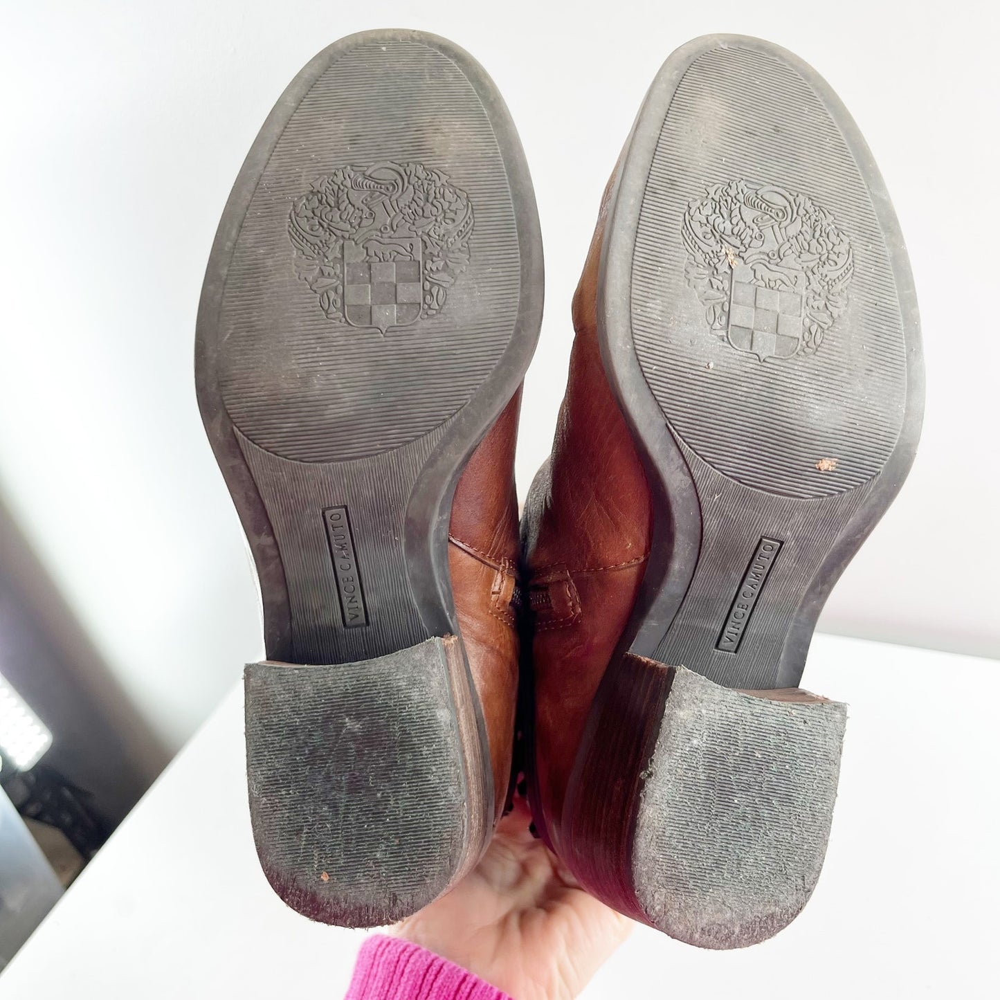 Vince Camuto Leather Beatrix Block Stacked Heel Knee High Riding Boots Brown 7.5