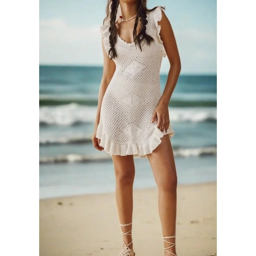 Free People Beach Mykonos Moon Glow Crochet Knit Mini Dress Cream Ivory XS