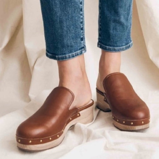 J. Crew Slip On Leather Studded Wooden Platform Clogs Brown 8