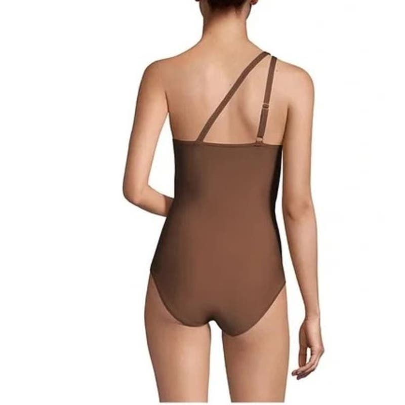 Lands' End One Shoulder Asymmetrical One Piece Swimsuit Bathing Suit Brown 18