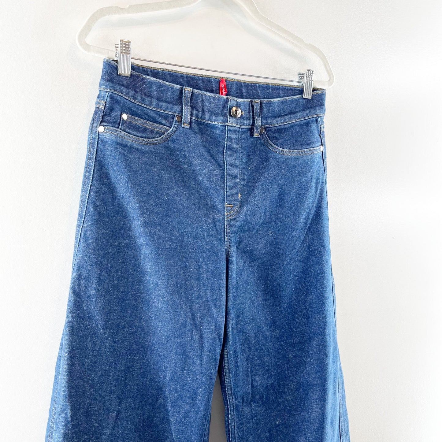 Spanx High Rise Pull On Wide Leg Jeans in Raw Indigo Blue Large