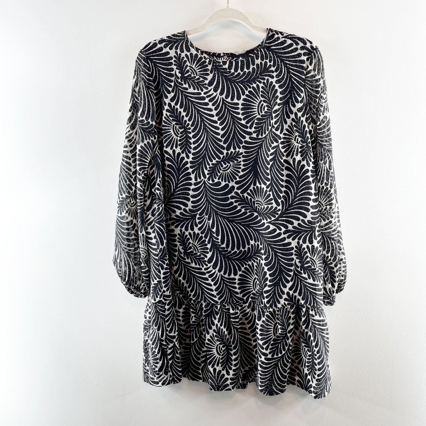 LOFT Fern Printed Flounce Long Sleeve Mini Swing Dress Black Medium Petite