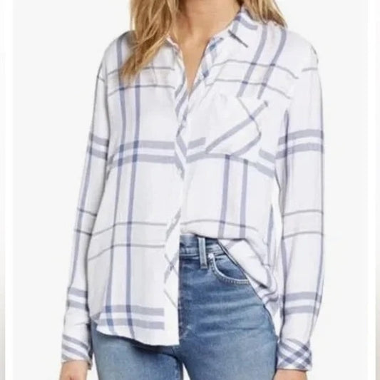 Rails Plaid Hunter Button Up Long Sleeve Top Indigo Powder Blush White Blue XS