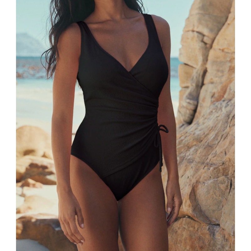 Niptuck Swim Textured V Neck Plunge Side Ruched Tie One Piece Swimsuit Black 6