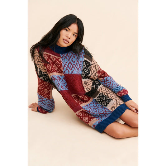 Free People Patched Argyle Long Sleeve Patchwork Mini Dress Ivy League M / L