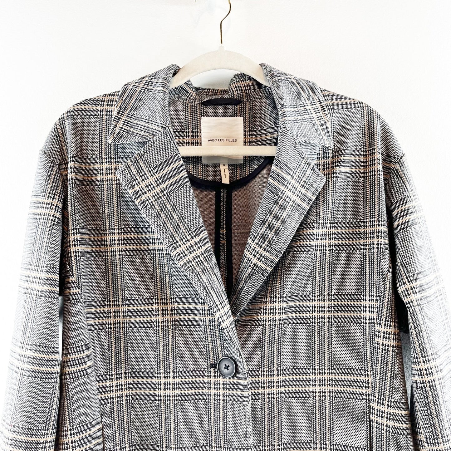 Avec Les Filles Anthropologie Oversized Longline Plaid Blazer Jacket Gray Small