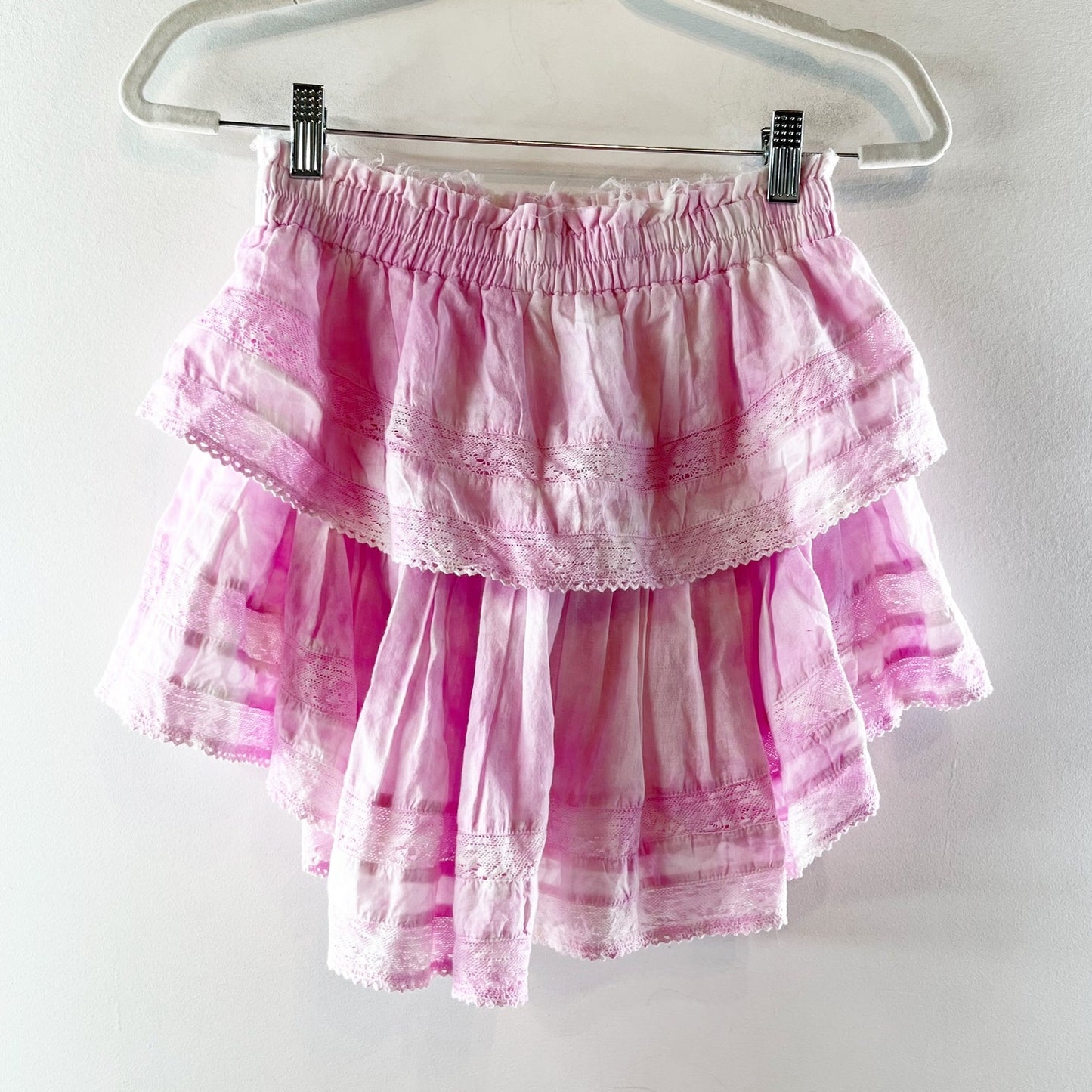LoveShackFancy Ruffle Cotton Mini Skirt Tie Dye Pink XS