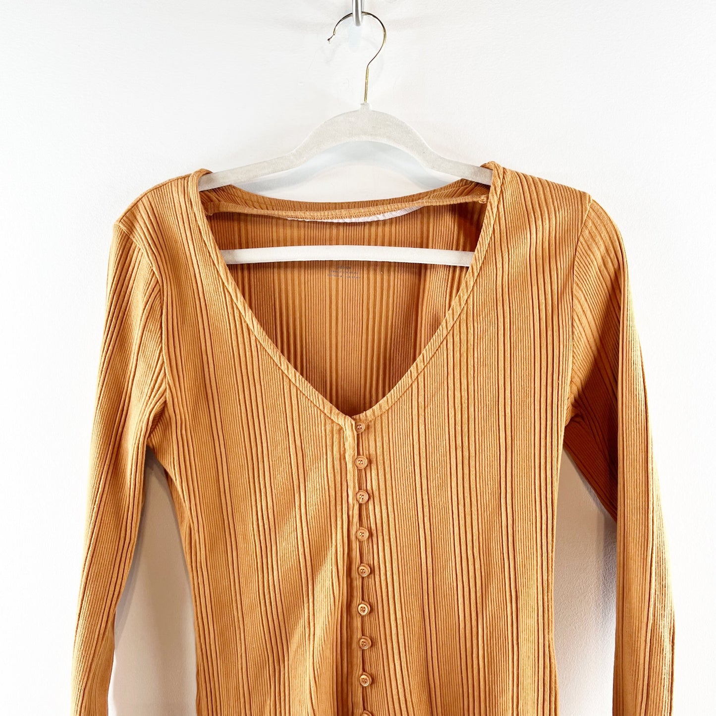 Anthropologie Beatrice Button Up Long Sleeve Ribbed Top Camel Brown Medium