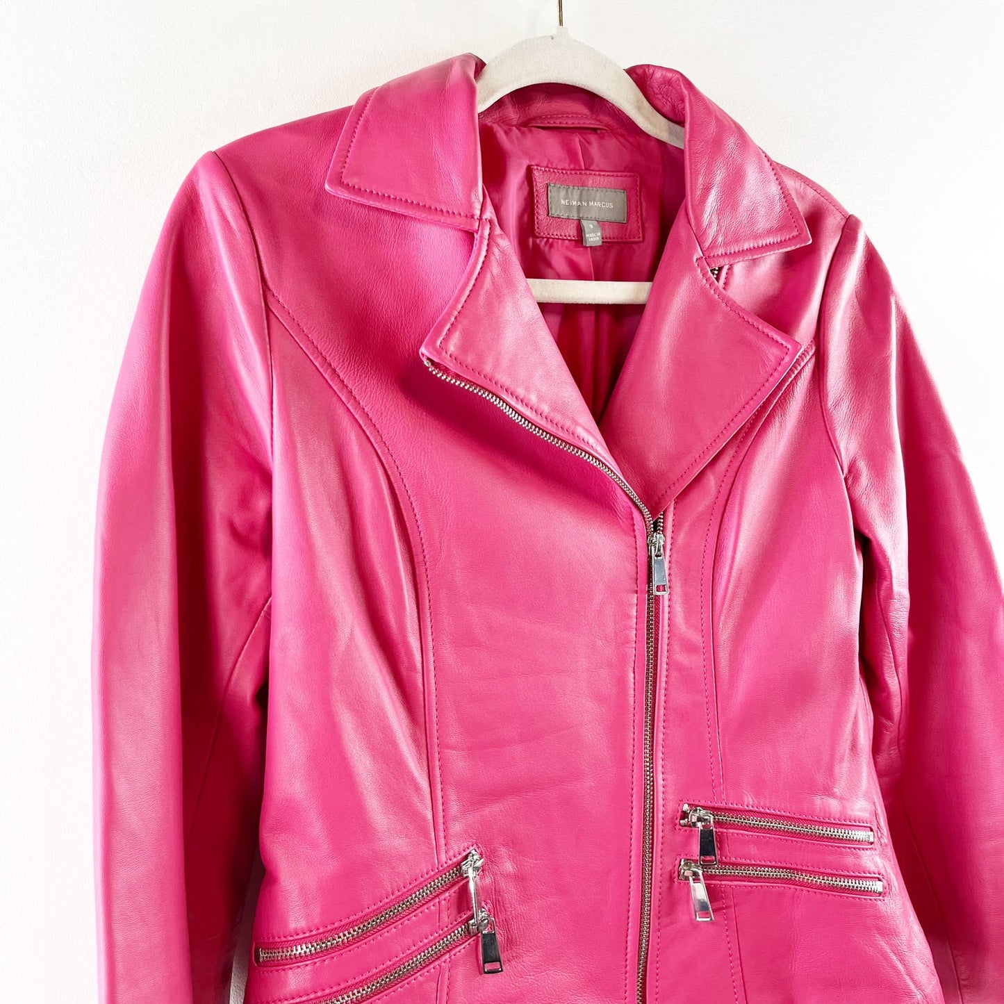 Neiman Marcus 100% Leather Moto Biker Zip Up Jacket Pockets Pink Small