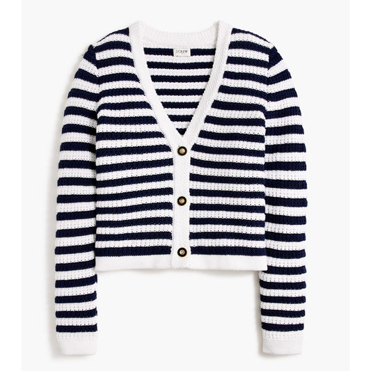 J. Crew Striped V-Neck Cardigan Sweater White Blue XL