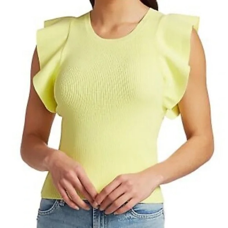 A.L.C Holley Ruffle Sleeve Ribbed Crewneck Short Sleeve Sweater Top Yellow Small