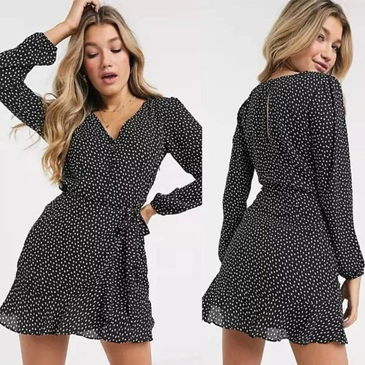 Abercrombie Long Sleeve Faux Wrap Polka Dot Mini Dress Black Small