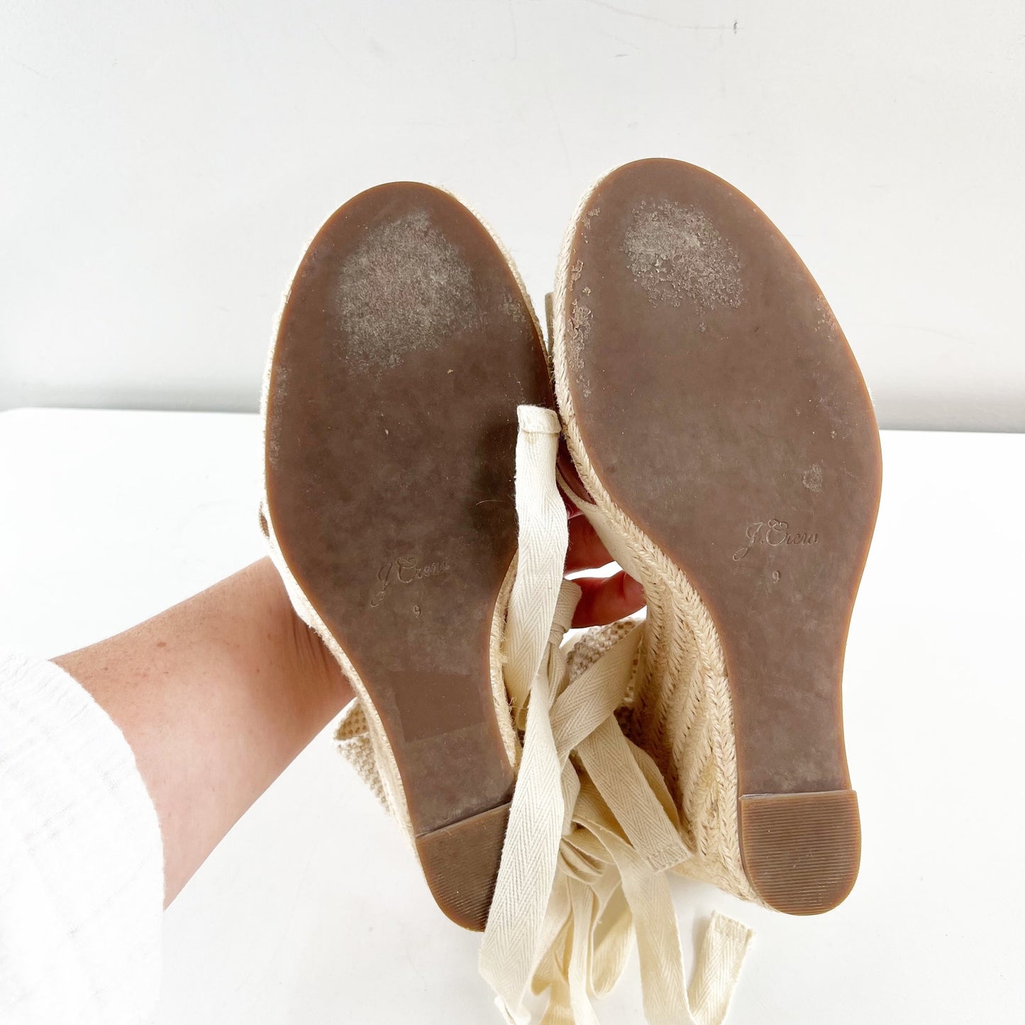 J. Crew Canvas Leather Lace-Up Espadrille Wedge Heel Sandals Cream 9