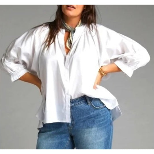 Harshman for Anthropologie 3/4 Sleeve Button-Up Blouse Top White Medium