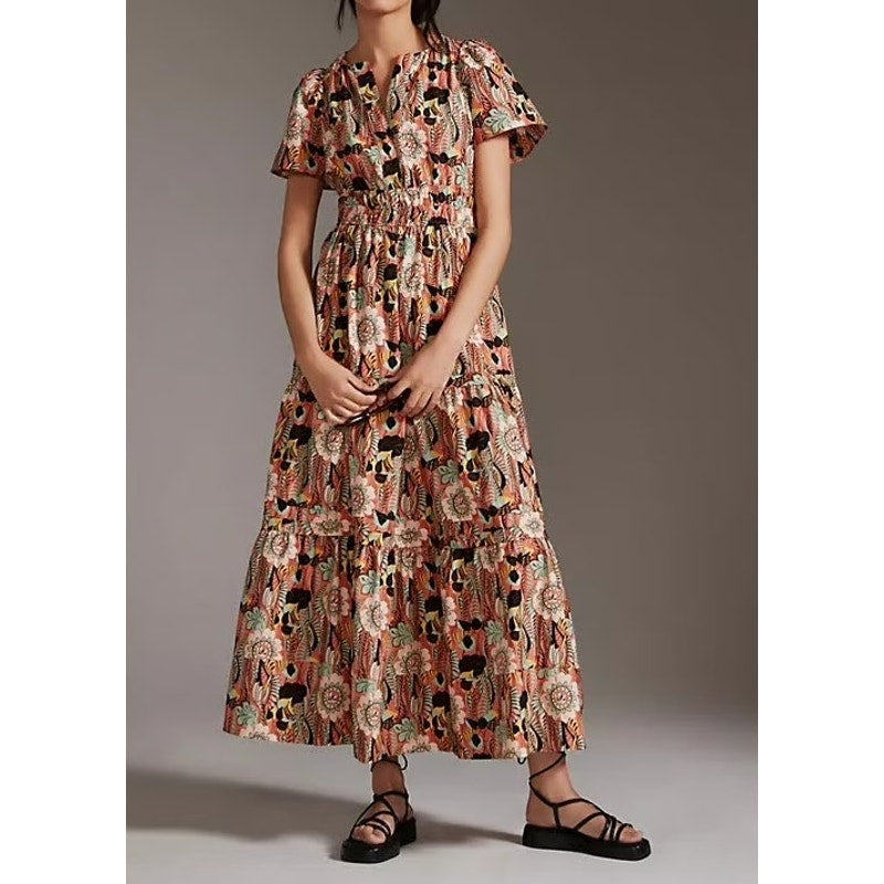 Maeve Anthropologie The Somerset Short Sleeve Cotton Maxi Dress Floral Brown XS