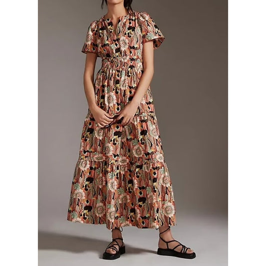 Maeve Anthropologie The Somerset Short Sleeve Cotton Maxi Dress Floral Brown XS
